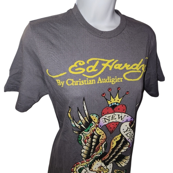 Ed Hardy NYC Christian Audigier Skull Rhinestone Tee in Charcoal Tee - Women's - Picture 3 of 7